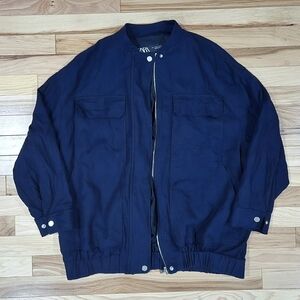 Zara navy blue linen blend bomber jacket size S long oversized women's unisex